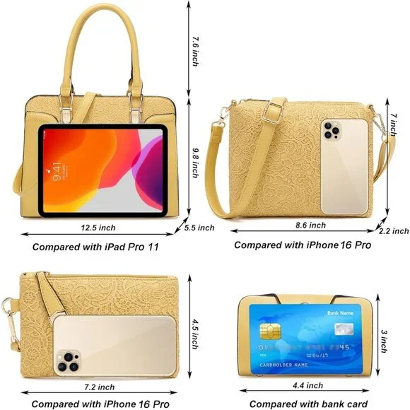 Women's Yellow Faux Leather Top Handle High Quality Smooth Zippers Tote Bag - Picture 4 of 4